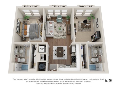 Floor plan for 2 beds, 2 baths, 836 sqft